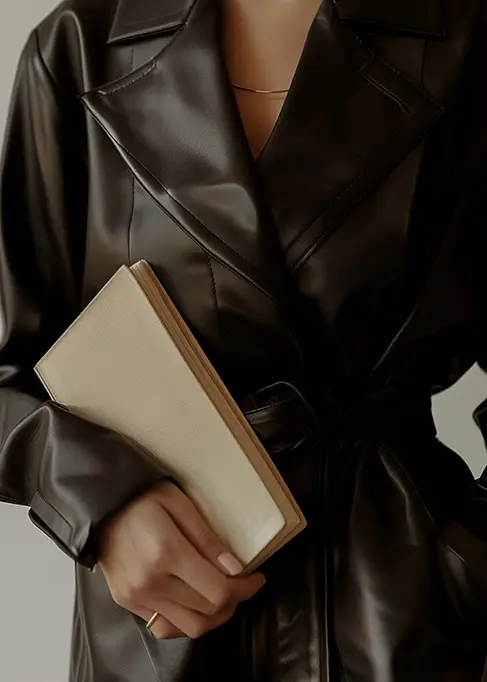 Close-up of a woman in a leather trench coat holding a beige book