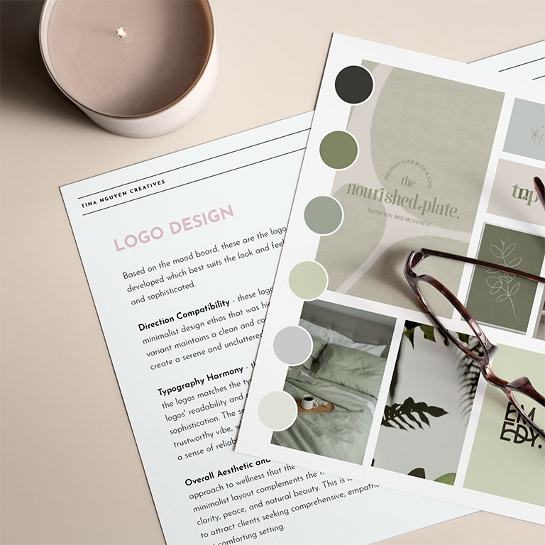 Flat lay of wellness brand mood board and logo design notes with glasses and candle