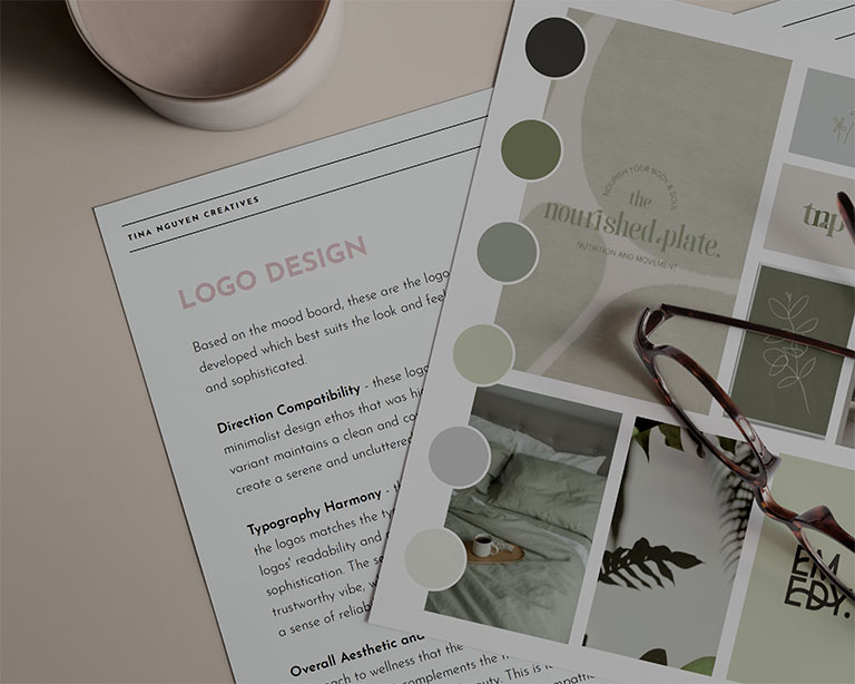 TJD brand strategy document showing logo design rationale, color palette, and typography guidelines for minimalist wellness branding