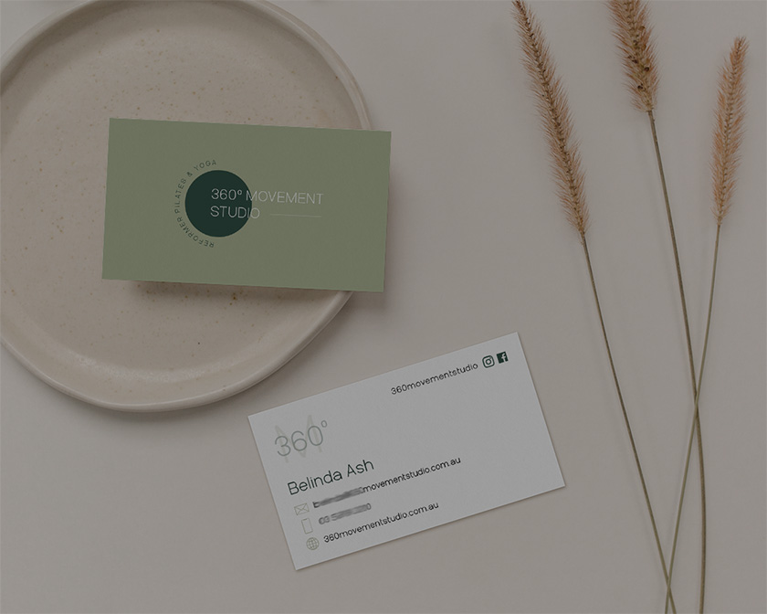 360° Movement Studio business card and branded collateral showing minimalist design aesthetic with sage green color palette and modern typography