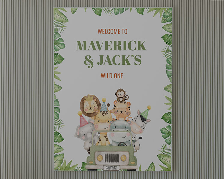 Custom event welcome signage featuring illustrated animals, tropical leaf border, and personalized text for first birthday celebration party design