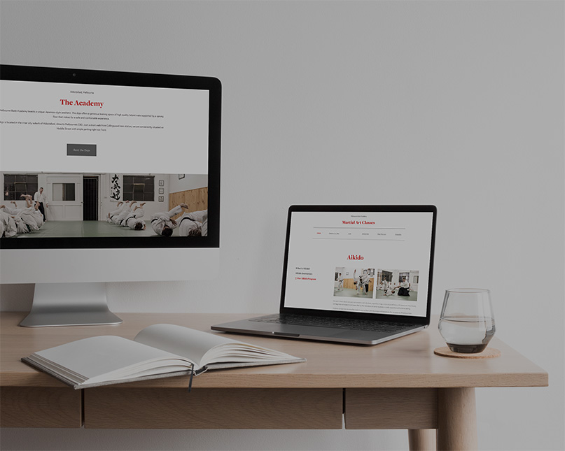 TJD website design portfolio showing homepage layouts for The Budo Academy and Interior Styling business websites with modern minimalist design