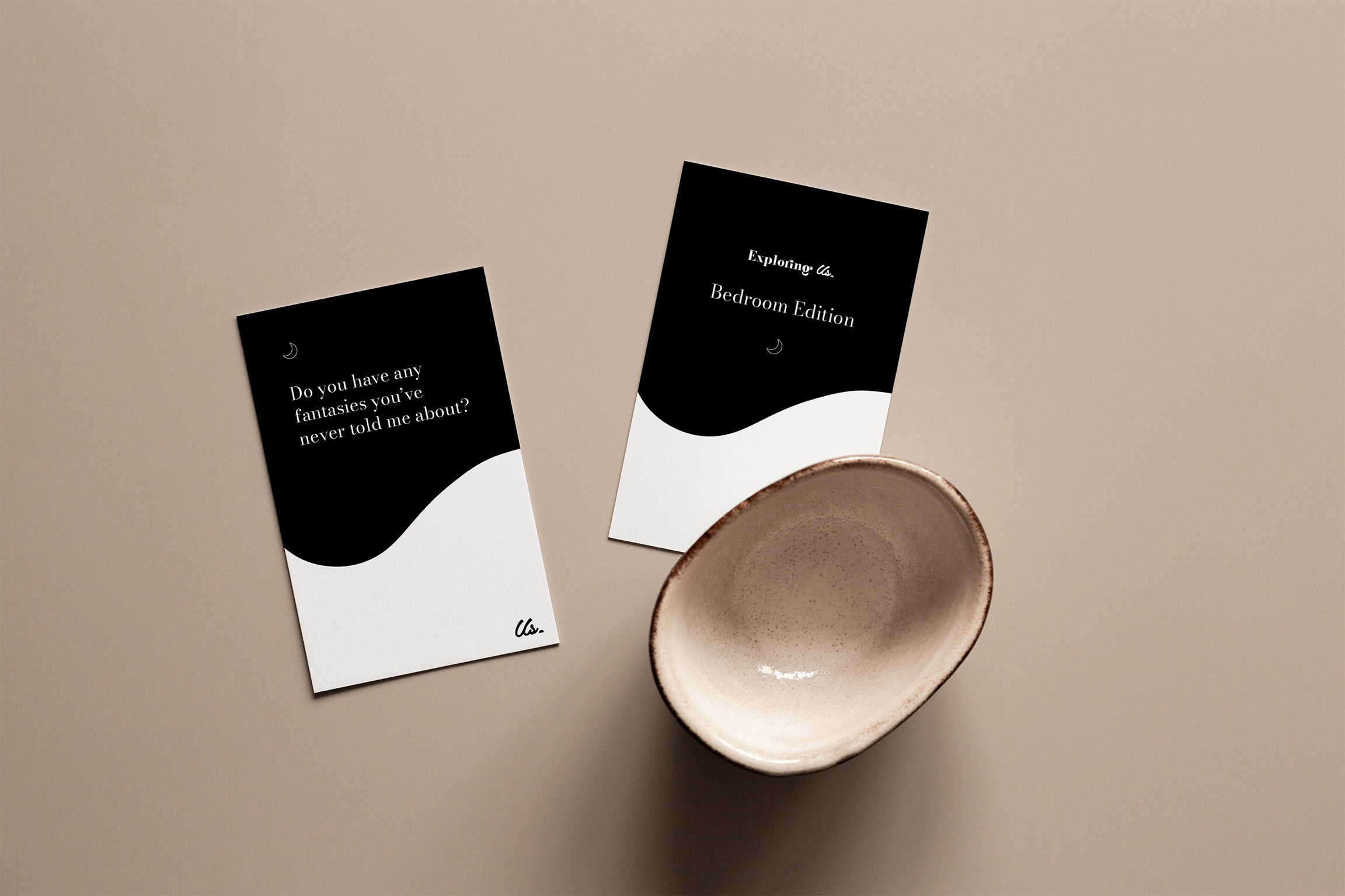 Exploring Us Bedroom Edition conversation card game packaging showing black and white box design with intimate question prompts visible on cover
