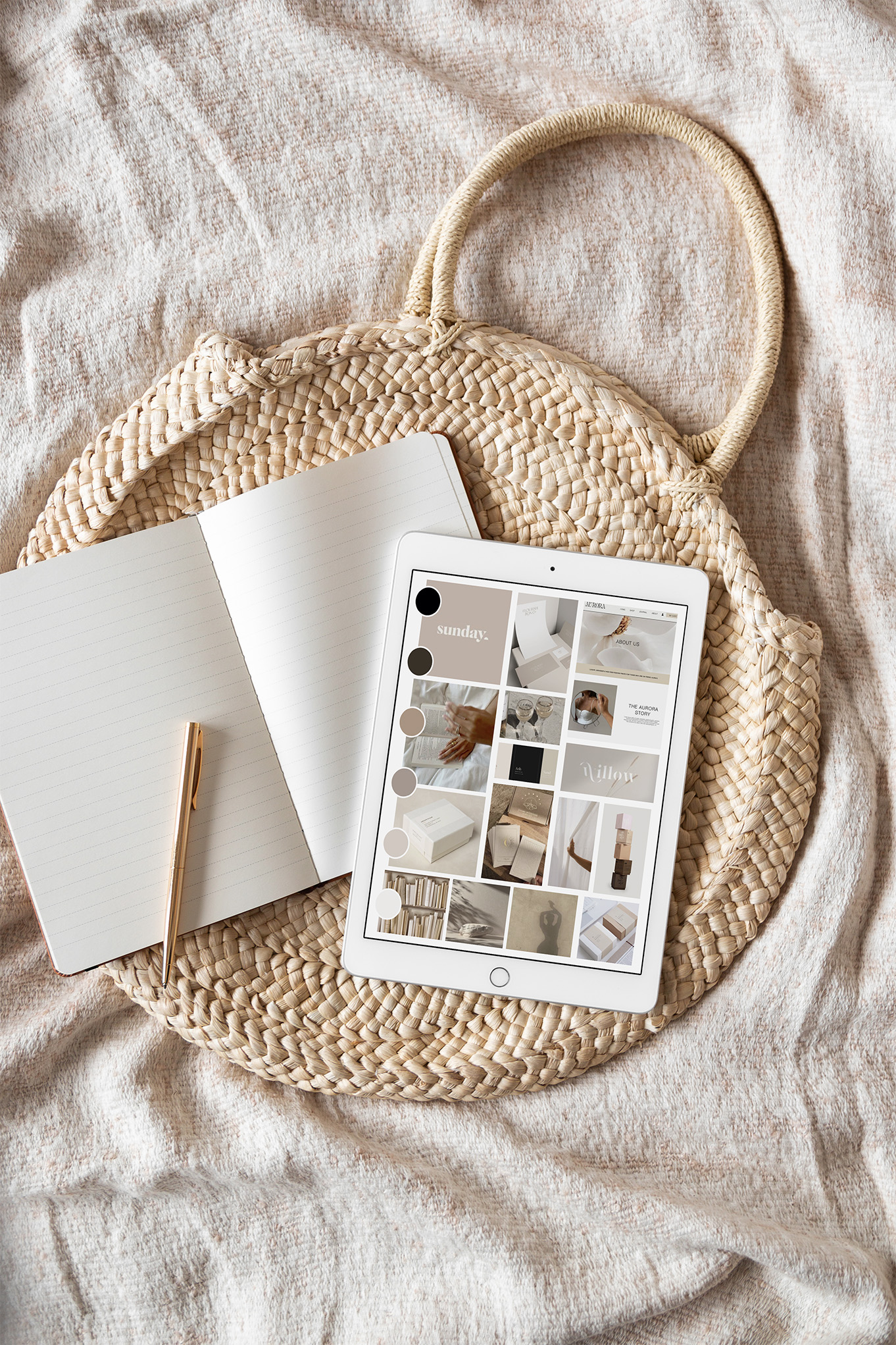 Exploring Us brand moodboard displayed on iPad showing design direction with neutral aesthetic, minimal composition, and lifestyle inspiration for conversation card branding