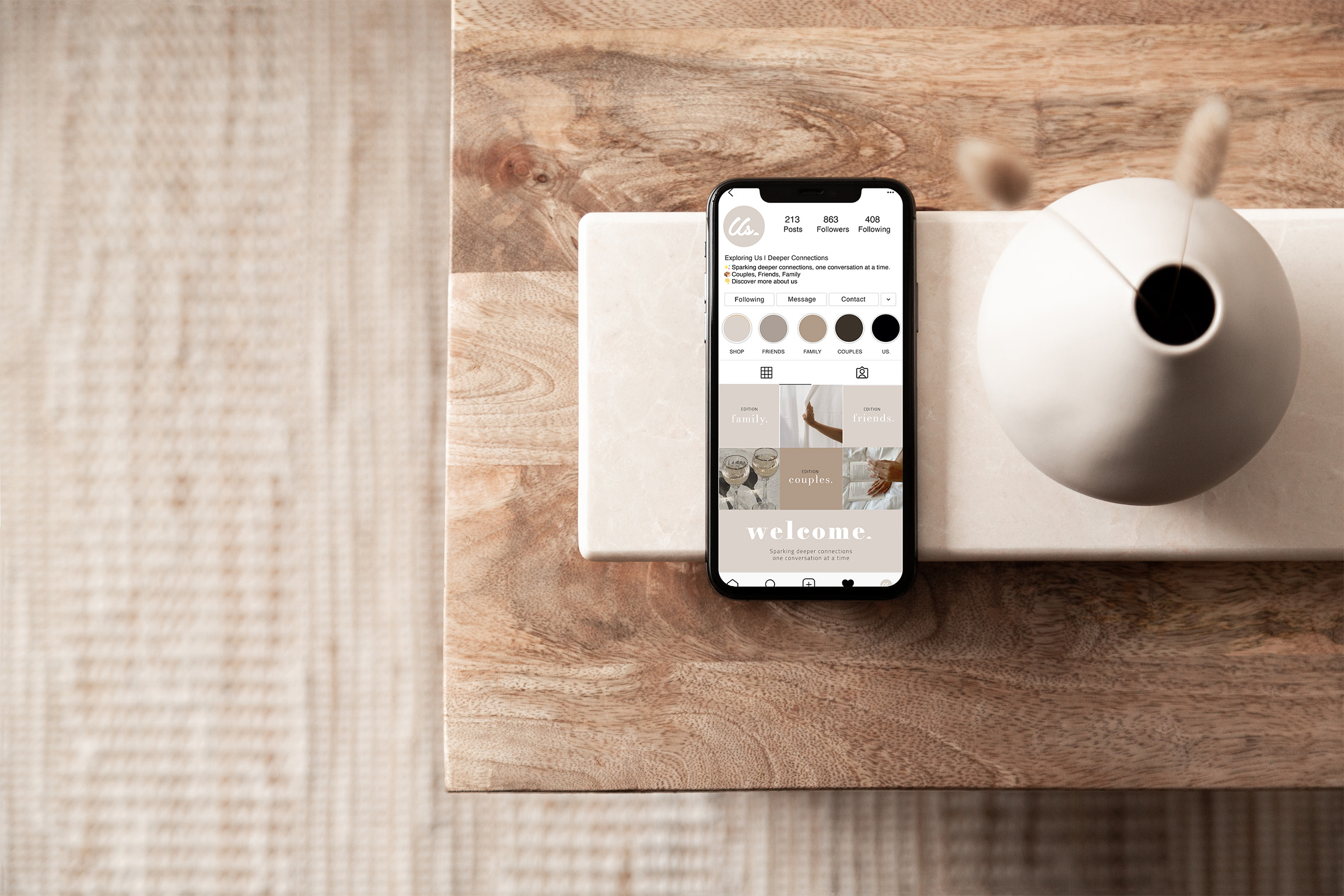 Exploring Us Instagram feed grid showing cohesive visual branding with consistent color palette, minimal aesthetic, and lifestyle storytelling