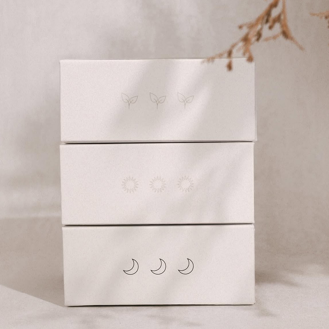 Exploring Us three-box packaging stack showing symbolic icons representing conversation themes with leaves, suns, and moon symbols on boxes