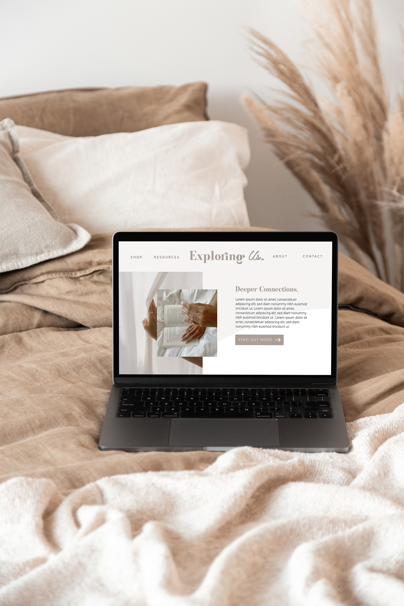 Exploring Us website homepage on laptop showing "Deeper Connections" headline with lifestyle imagery and brand messaging for e-commerce