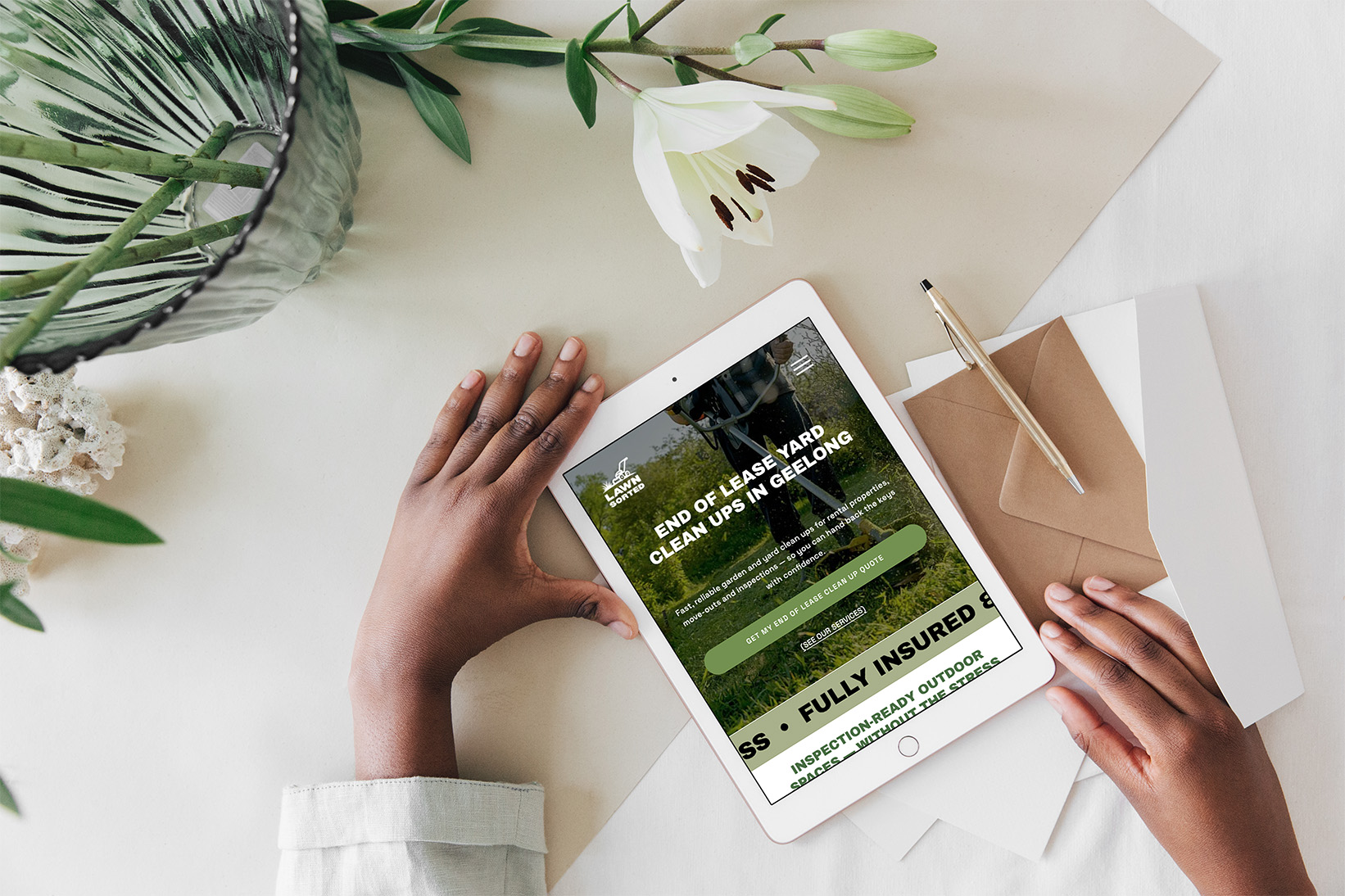 Lawn Sorted end of lease yard clean ups service page on tablet showing headline, service details, and conversion call-to-action for Geelong property managers