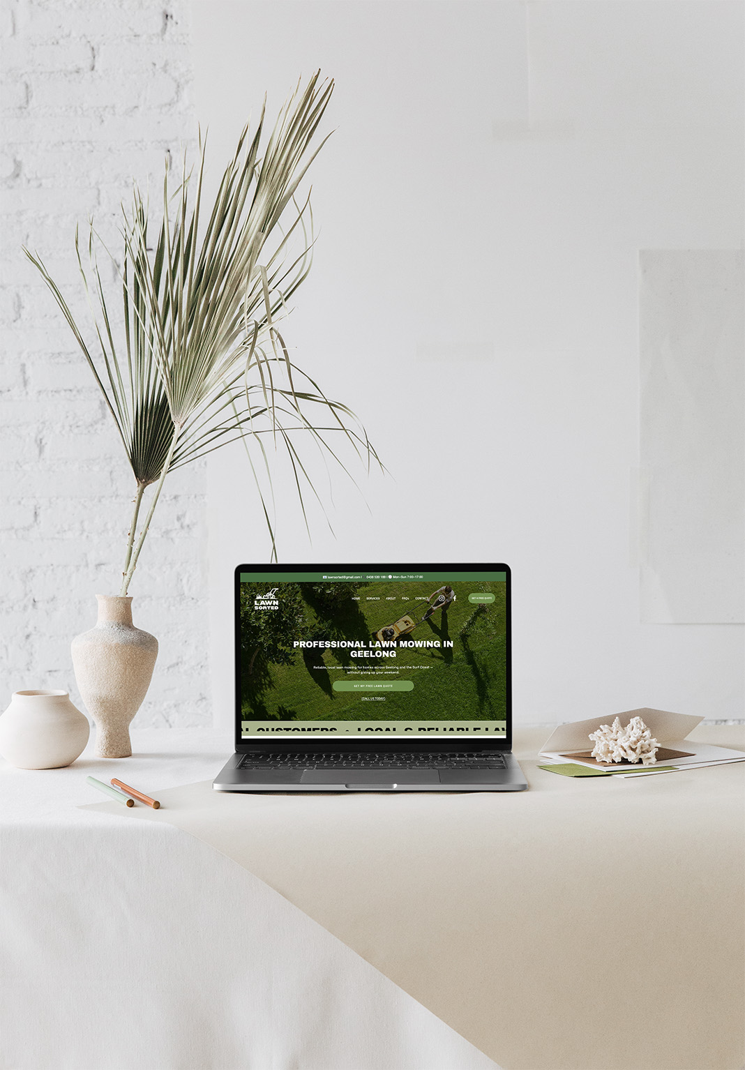 Lawn Sorted website homepage hero section with keyword-rich headline "Professional Lawn Mowing in Geelong" and primary call-to-action button