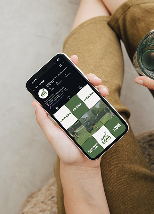 Lawn Sorted Instagram profile and social media feed showing branded content with consistent green color scheme and lifestyle imagery