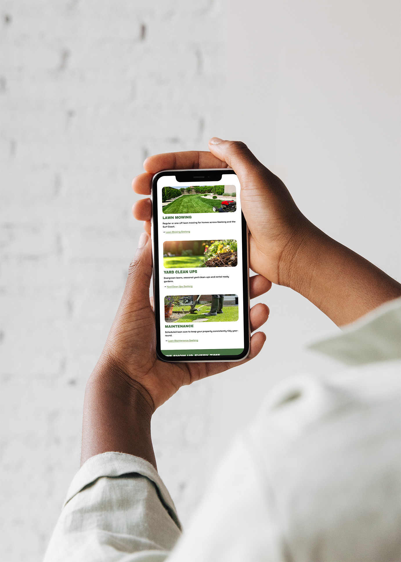Lawn Sorted website mobile view showing responsive design with lawn mowing, yard clean-ups, and maintenance services pages optimized for mobile users