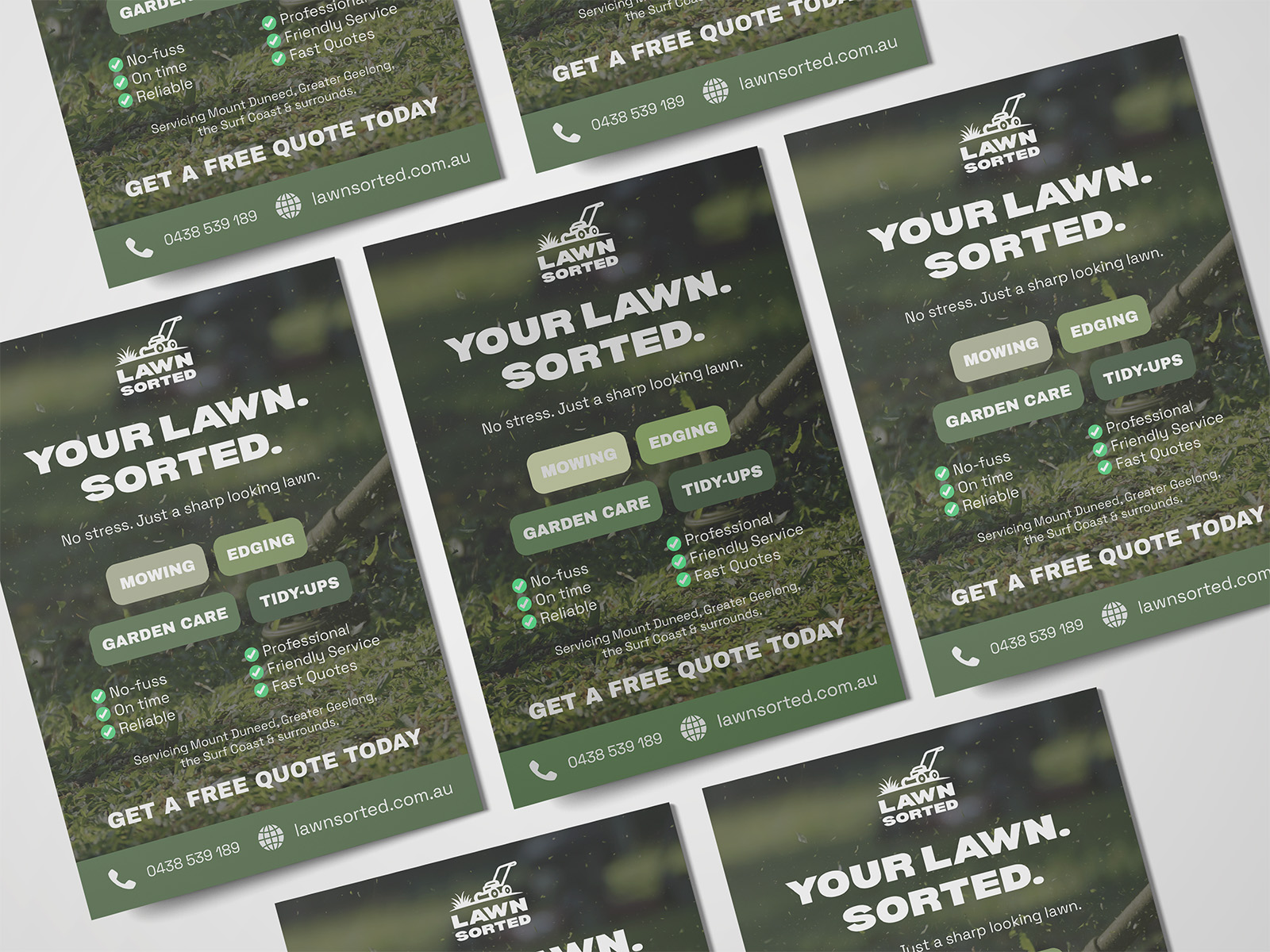 Lawn Sorted marketing flyers showcasing lawn mowing, edging, and garden care services with consistent branding and clear call to action