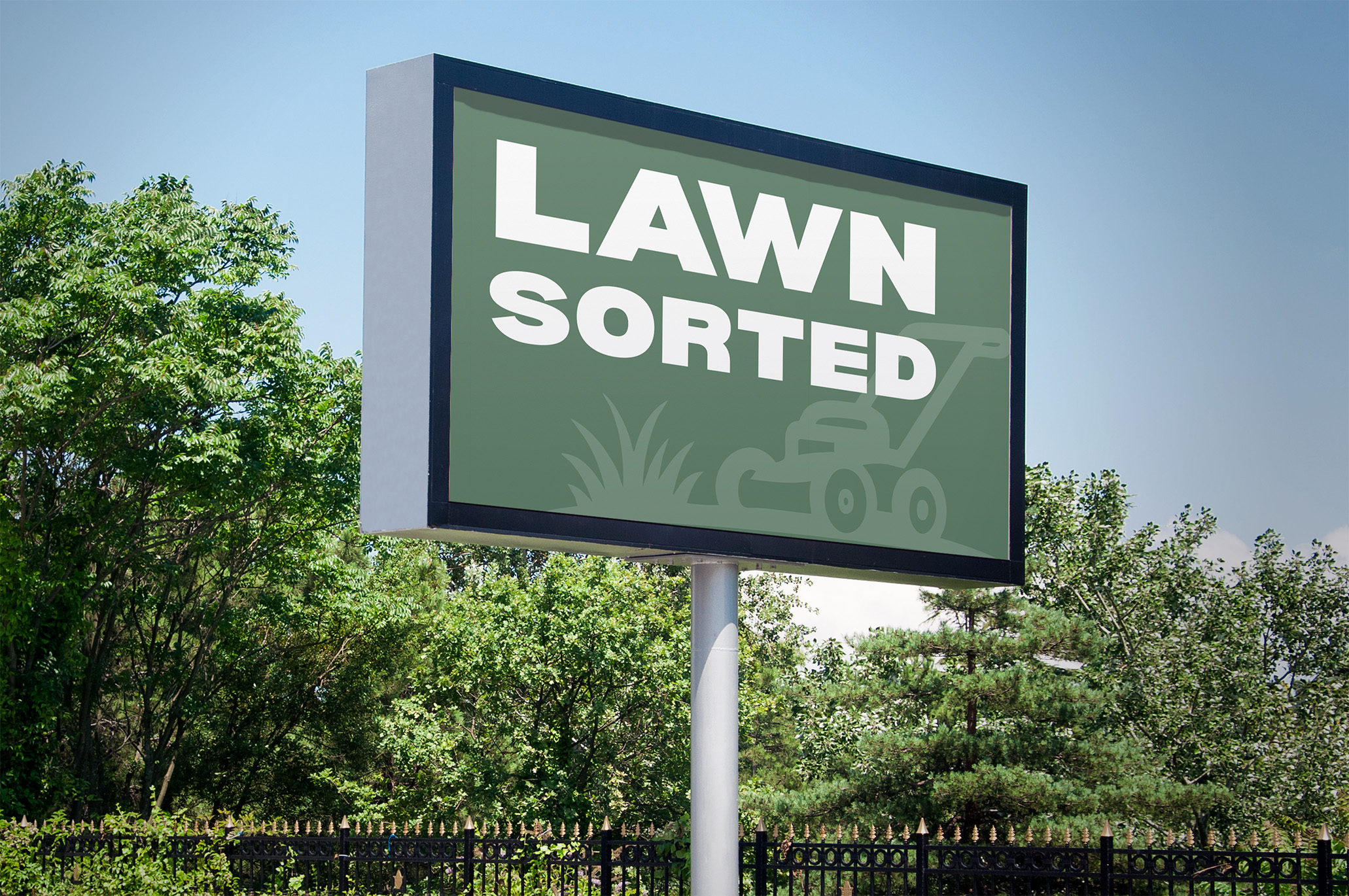 Large Lawn Sorted outdoor billboard sign showing brand identity and mower logo on green background along Geelong roadside