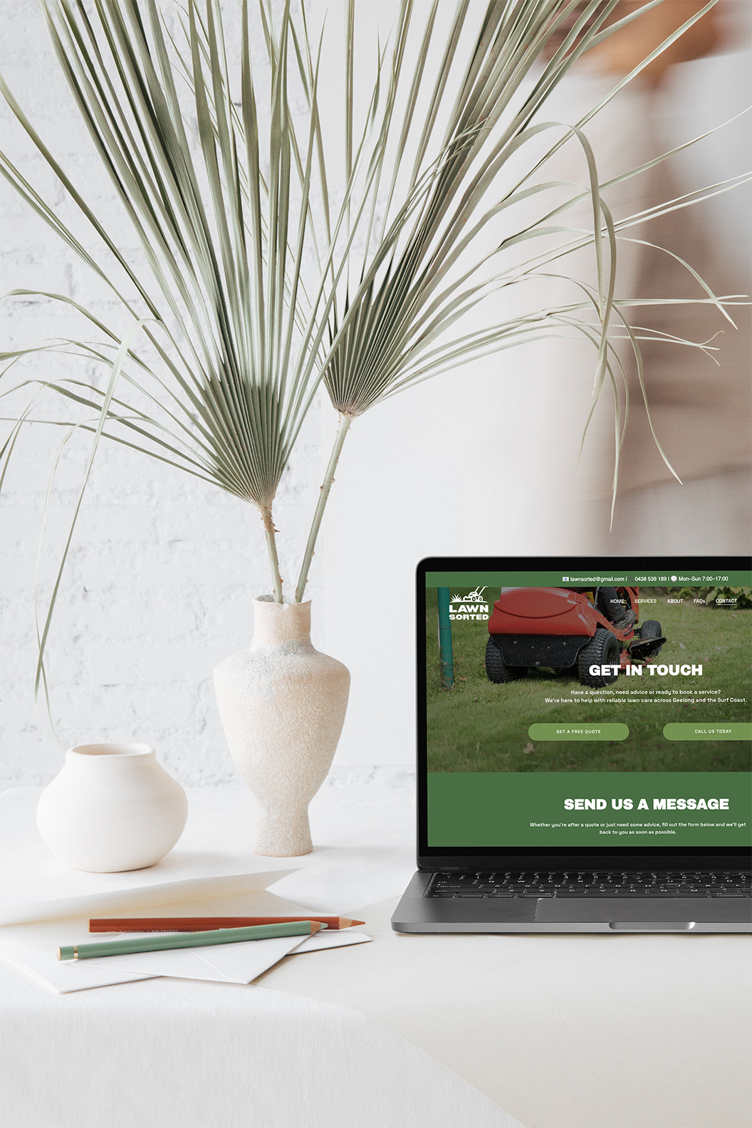 Lawn Sorted website contact section featuring multiple conversion paths including quote request button, call-to-action, and messaging options