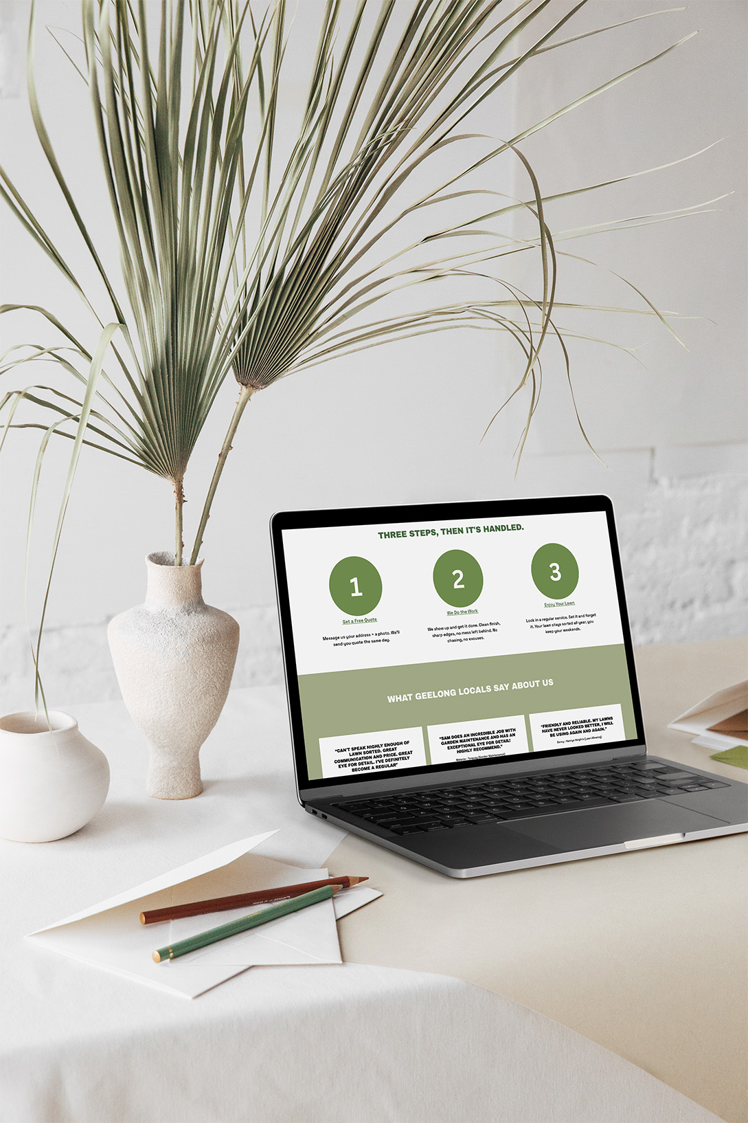 Lawn Sorted website process section showing three-step booking system and customer testimonials building trust and social proof