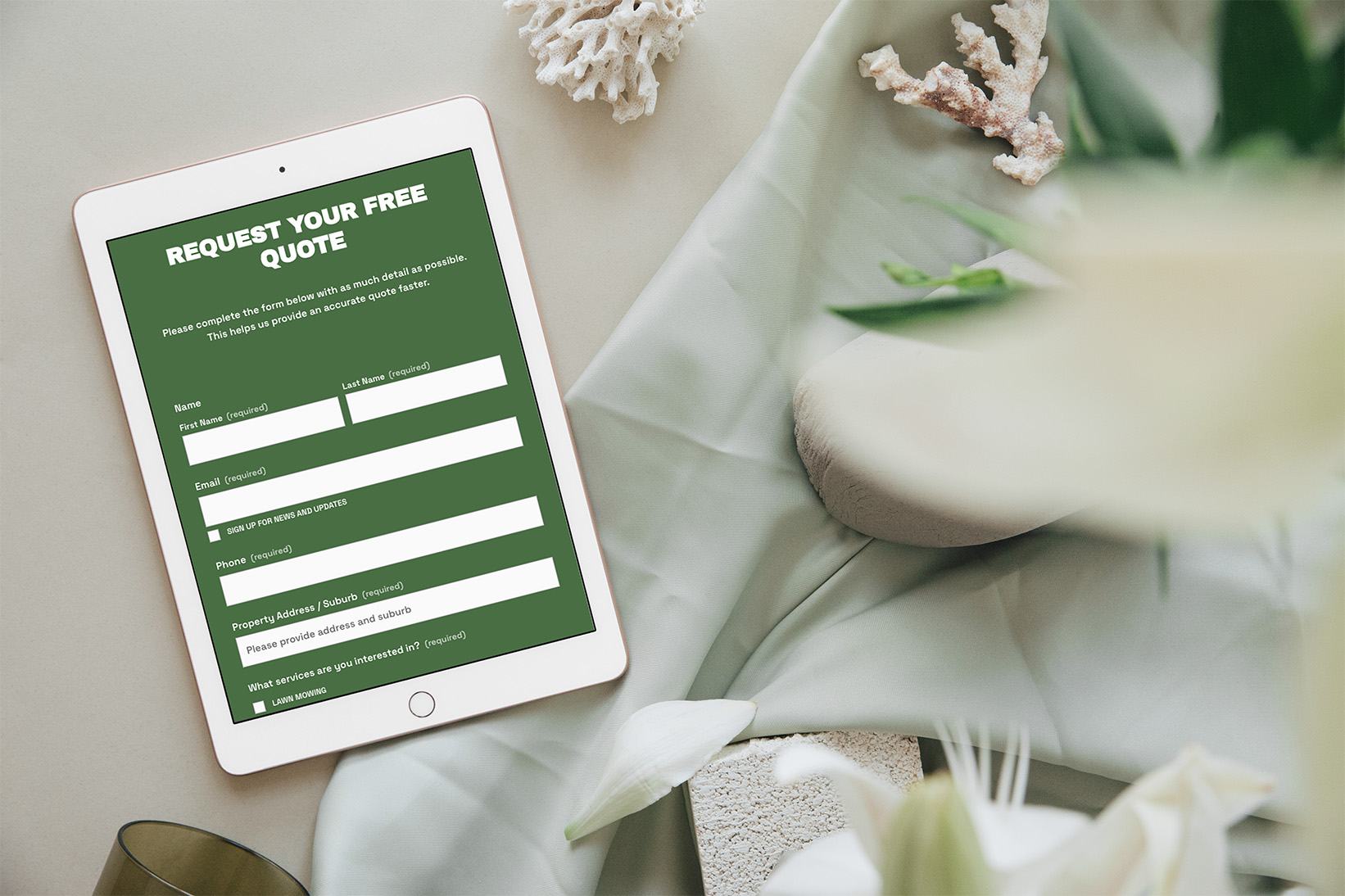 Lawn Sorted website quote request form designed for mobile conversion, capturing customer details to generate qualified leads for lawn care services