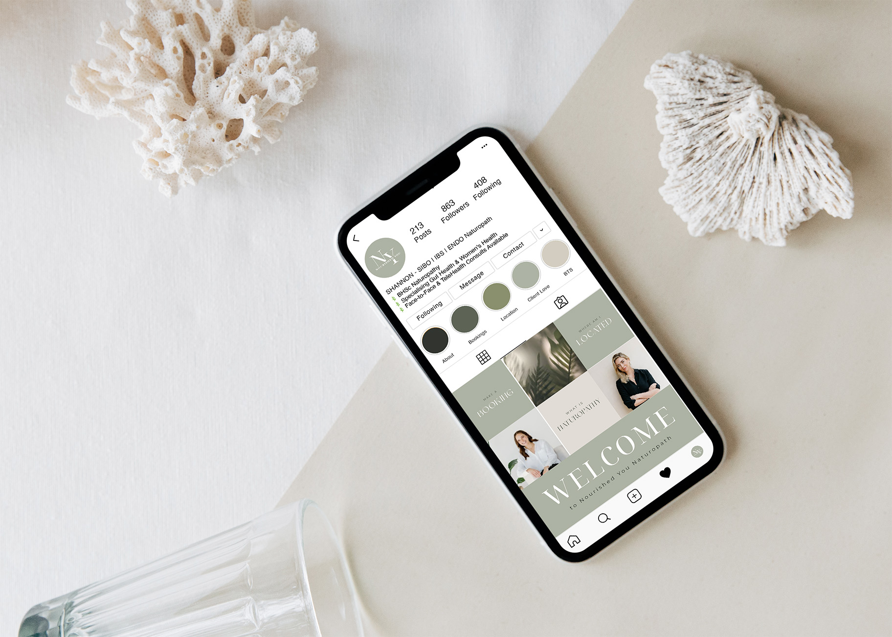 Nourished You Instagram profile on mobile showing feed grid, logo, colour palette consistency, and women's health naturopath branding across posts