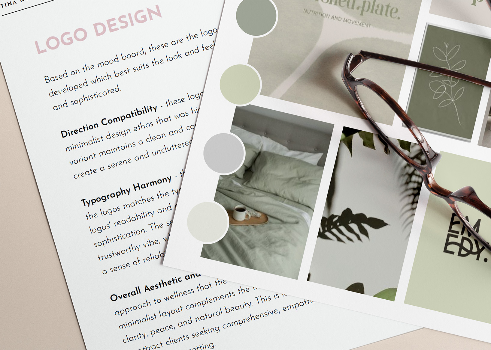 Nourished You logo design strategy document showing design rationale, typography harmony, compatibility notes, and aesthetic direction for specialist branding