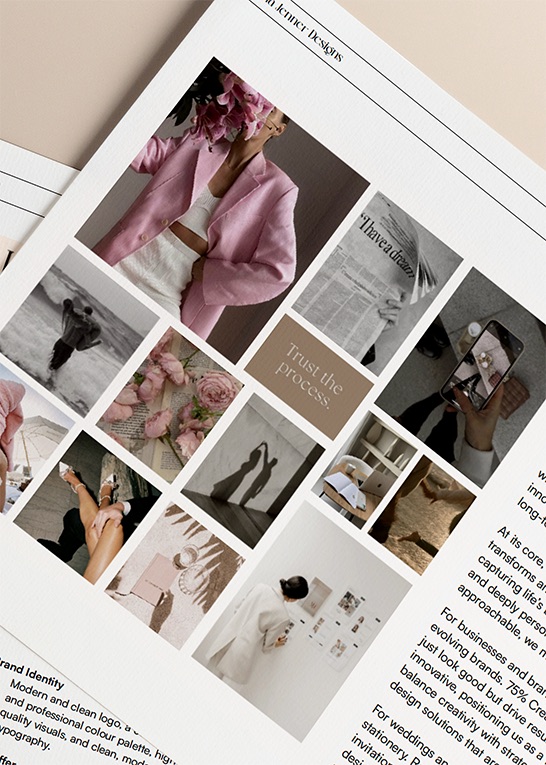 Printed brand identity board with a moodboard of soft pink and neutral photography, a "Trust the process" tile and brand notes